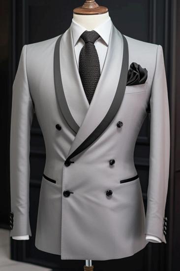 Quintion Gray Shawl Lapel Double Breasted Wedding Suits_1