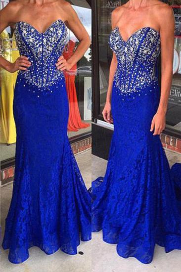 Lace Sheath Royal Blue Crystal Evening Gown Mermaid Sweetheart Prom Dresses