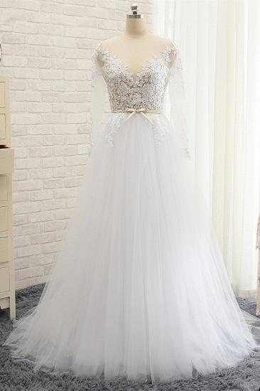 Bradyonlinewholesale Affordable White Tulle Ruffles Lace Wedding Dresses Jewel Longsleeves Bridal Gowns With Appliques On Sale_6