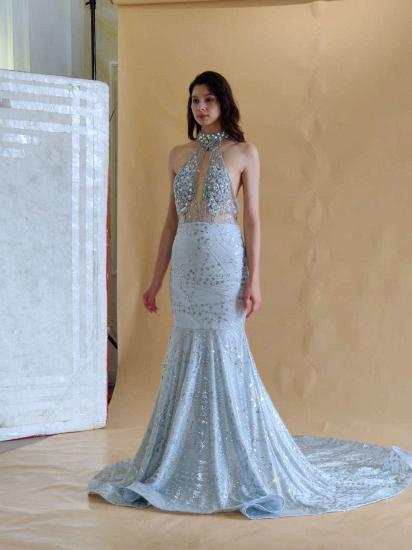 Halter Sleeveless Beaded Mermaid Satin Floor Length Crystal Prom Party Dress_8