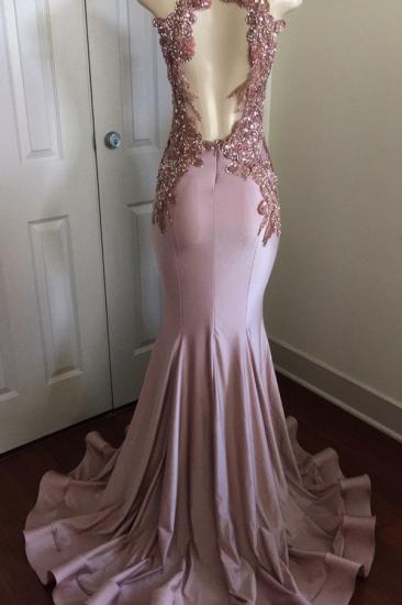 Pink Sleeveless Mermaid Prom Dresses | Open Back Beads Crystals Appliques Evening Gown_3
