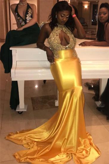 Halter Open Back Sexy Keyhole Prom Dresses Gold | Mermaid Sleeveless Beads Appliques Evening Gown