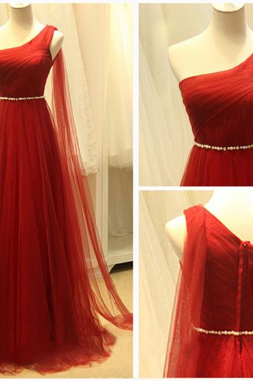 Elegant One Shoulder Evening Dresses Sheer Tulle Ruffles Dark Red Elegant Prom Dresses_2