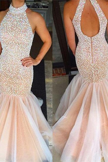 Beaded Crystals High Neck Mermaid Prom Dress Open Back Sleeveless Evening Gowns_2