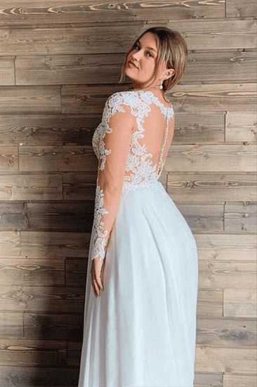 A-line Sheer Tulle Lace Wedding Gowns | Long Sleeve Floor Length Beach Bridal Gowns_2