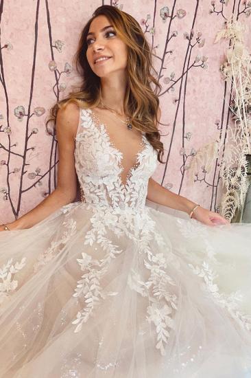 Glamorous V Neck Floral Tulle Wedding Dress Sleeve Aline Bridal Dress_2