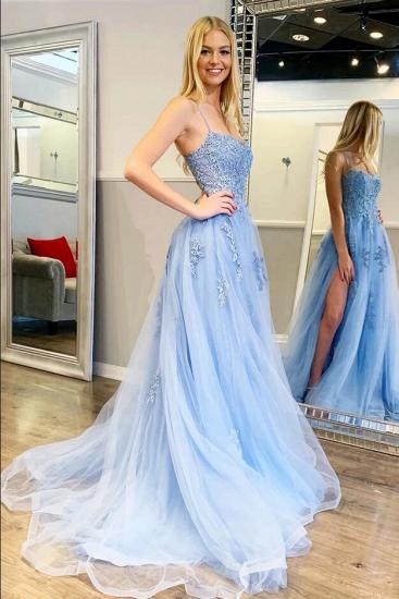 Sky blue High split a-line ball gown prom dress with lace appliques_4