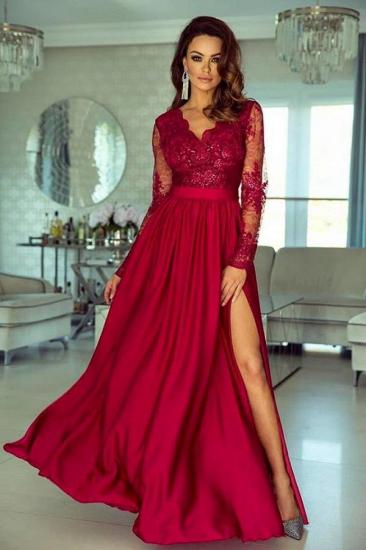 Elegant Navy Lace Satin Evening Maxi Dress Long Sleeves Formal Dress with Side Split_2