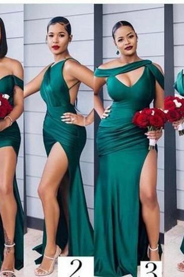 Unique Off-the-shoulder Strapless Emerald Green Elastic Satin Long Bridesmaid Dress_2