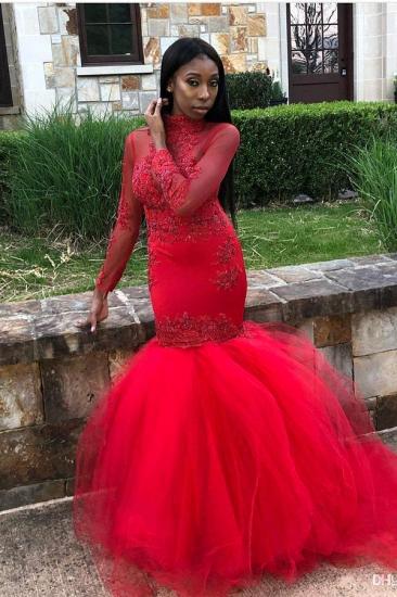 Red Tulle High-Neck Prom Dresses | Cheap Mermaid Long-Sleeves Evening Gowns_2