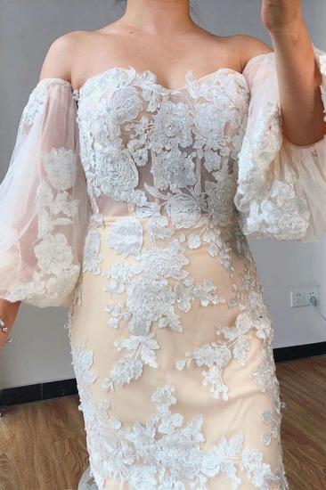 Romantic Puffy Sleeves Mermaid Wedding Dress Floral Appliques_3
