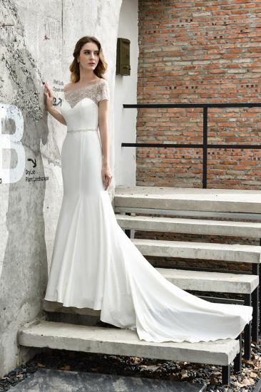 Floral Beaded Cap Sleeve Mermaid  Lace Ivory Wedding Dress with Chapel Train_3