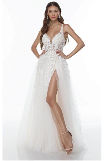 Spaghetti Straps Lace Wedding Gowns Side Split V Neck Bride Dress_1