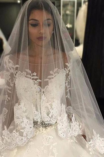 Luxury Tulle Appliques Scoop Long-Sleeves Crystal Wedding Dress