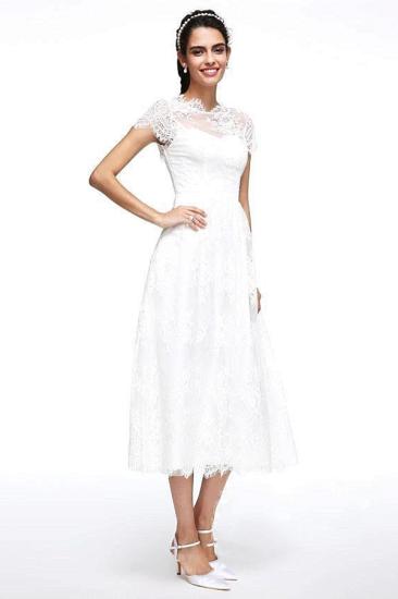 A-Line Wedding Dresses Jewel Neck Tea Length Lace Short Sleeve Simple Casual Illusion  Backless_3