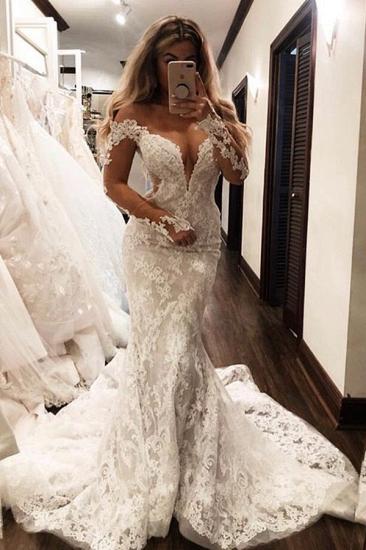 Glamorous Off-the-Shoulder Long Sleeves V-Neck Appliques Mermaid Floor-Length Wedding Dresses_2