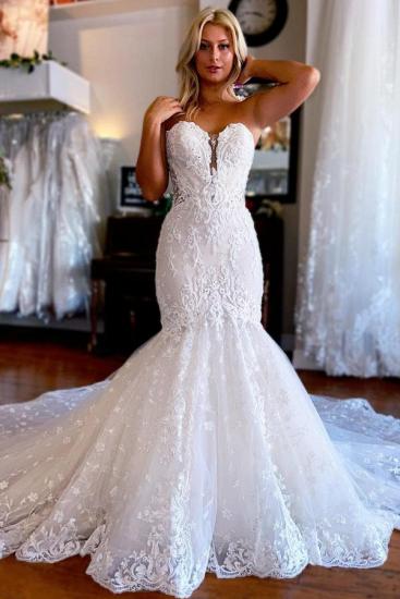 Sweetheart White Tulle Lace Bridal Gown Strapless Mermaid Wedding Dress_1