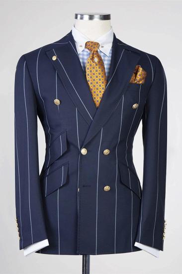 New Navy Blue Striped Point Collar Double Breasted Suit_1