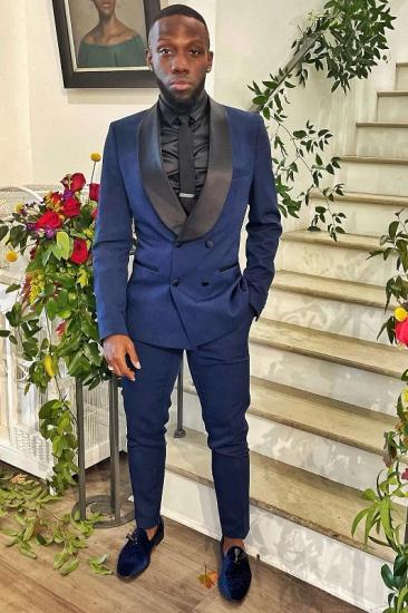 Simple Dark Navy Shawl Lapel Double Breasted Prom Two Suits_1