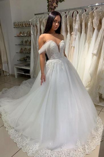 Elegant Off-the-shoulder White Sweetheart Puffy A-line Wedding Dresses_1