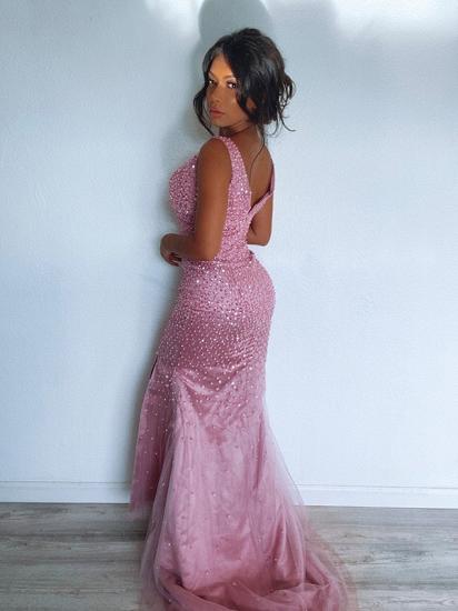Pink v-neck high split floor length prom dress_5