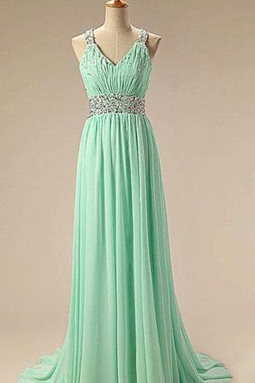 Light Green V-Neck Sweep Train Lovely Evening Dresses Crystal Ruffle Chiffon Long Formal Party Gowns