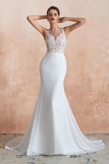 Carol | White Illusion neck Beach Column Wedding Dress with Court Train, Sexy Sleeveless High neck Beach Bridal Gowns_7