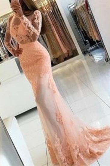 Long Sleeve Coral Lace Formal Dress Appliques Newest High Neck Mermaid Prom Dress_1
