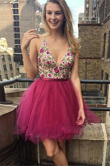 2022 Glamorous Short V-Neck Homecoming Dresses | Sleeveless Open Back Flowers Hoco Dress_1