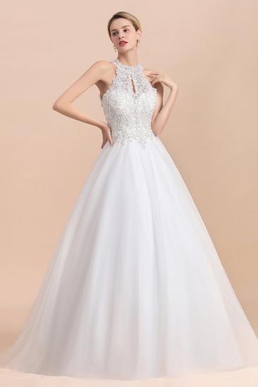 Gorgeous Halter Rhinstones Wedding Dress White Lace Appliques Tulle Garden Bridal Gowna_1