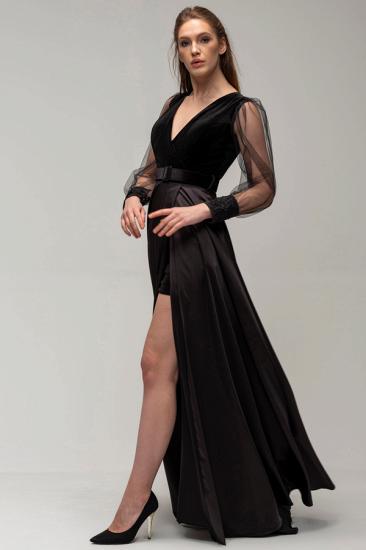 Charming Puffy Sleeves Satin Black V-Neck Evening Dress with Side Slit_2
