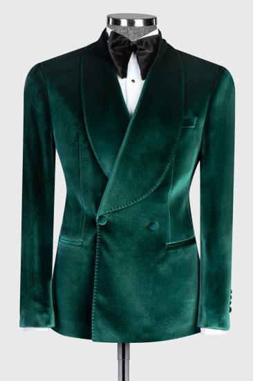 Fashion Dark Green Velvet Double Breasted Men's Prom Suit_1