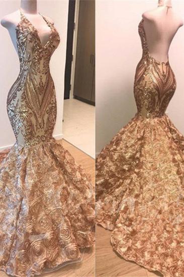 V-neck Backless Sexy Gold Prom Dress Cheap Online | Mermaid Appliques Floral Prom Dress with Long Train_2