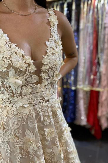 Stylish 3D Floral A-line Wedding Dress Sleeveless V-Neck Maxi Dress for Bride_2