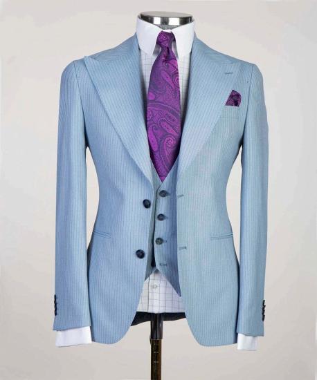 Sky Blue Striped Pointed Lapel Three Piece Men's Business Suit_4