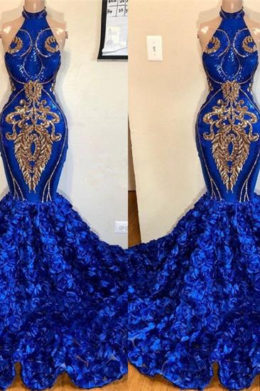 2022 Halter Gold Appliques Royal Blue Mermaid Floral Prom Dress | Sleeveless Luxury Prom Dress on Mannequins_2