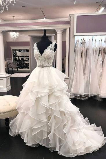 Bradyonlinewholesale Elegant White Organza V-Neck Beaded Wedding Dress Ruffles Lace Bridal Gowns On Sale