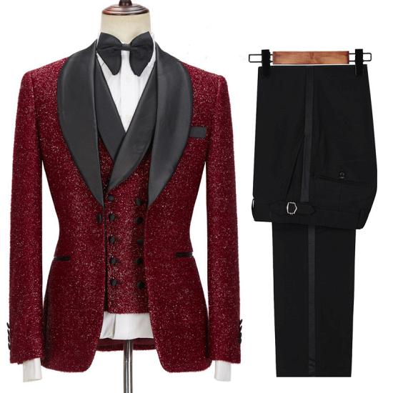 Damon Sparkle Red Three Piece Wedding Dress with Black Shawl Lapel_3