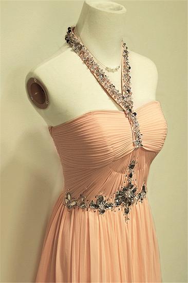 A-line Halter Chiffon Crystal Prom Dress Elegant Sweep Train Zipper Fashional Evening Dresses_3