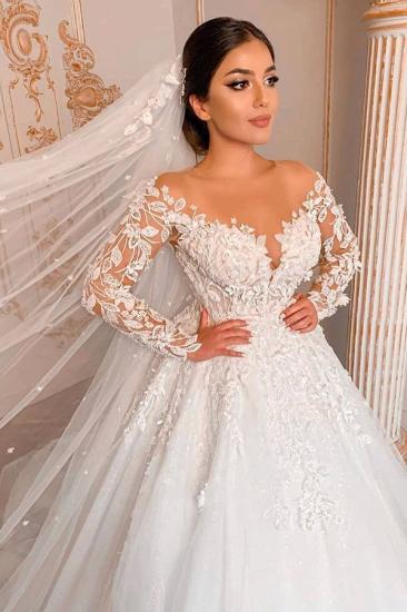Appliques Sheer Tulle Ball Gown Wedding Dresses | Shiny Long Sleeve Bridal Gowns_2