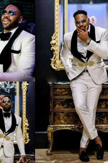White Jacquard Black Three Piece Lapel Wedding Groom Men Suit_2