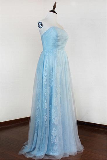 Ice Blue Strapless Lace Applique Prom Dresses Elegant Sweep Train Sheath Homecoming Dresses_3