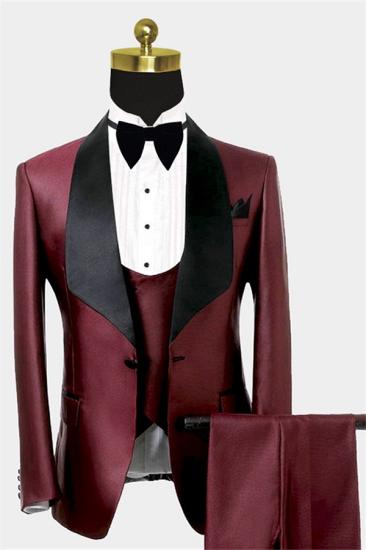 Fashion Burgundy Three Pieces Men Suits | Black Shawl Lapel Tuxedo Online_1