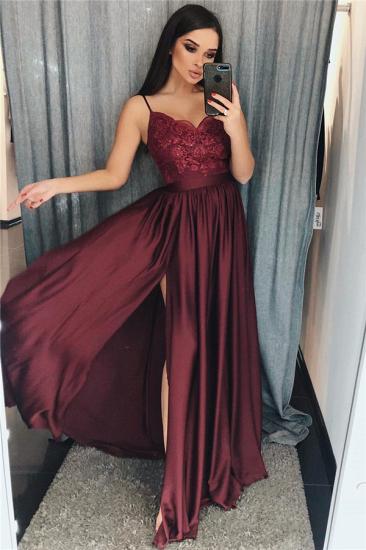 Spaghetti Straps Burgundy Prom Dresses Cheap | Sexy Side Slit Lace Appliques Evening Gown