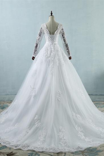 Bradyonlinewholesale Elegant Jewel Tulle Lace Wedding Dress Long Sleeves Appliques A-Line Bridal Gowns On Sale_2