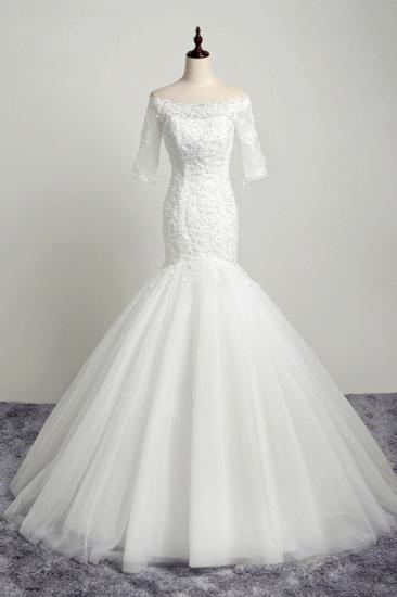 Bradyonlinewholesale Gorgeous Off-the-Shoulder Tulle Lace Wedding Dress Mermaid Half Sleeves Appliques Beadings Bridal Gowns On Sale