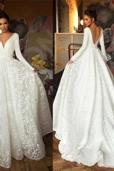 Elegant Lace Bridal A-line V-Neck Long Sleeves Wedding Dresses_7