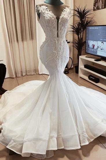 Sleeveless Beads Appliques Mermaid Wedding Dresses | Sheer Tulle V-neck Tulle Bridal Gowns