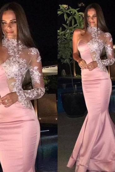 High Neck One Sleeve Prom Dress Pink Mermaid Lace Appliques Evening Gown_2