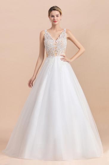 Elegant V-Neck Floral Lace A-line Wedding Dress Beach Sleeveless Tulle Church Dress_1